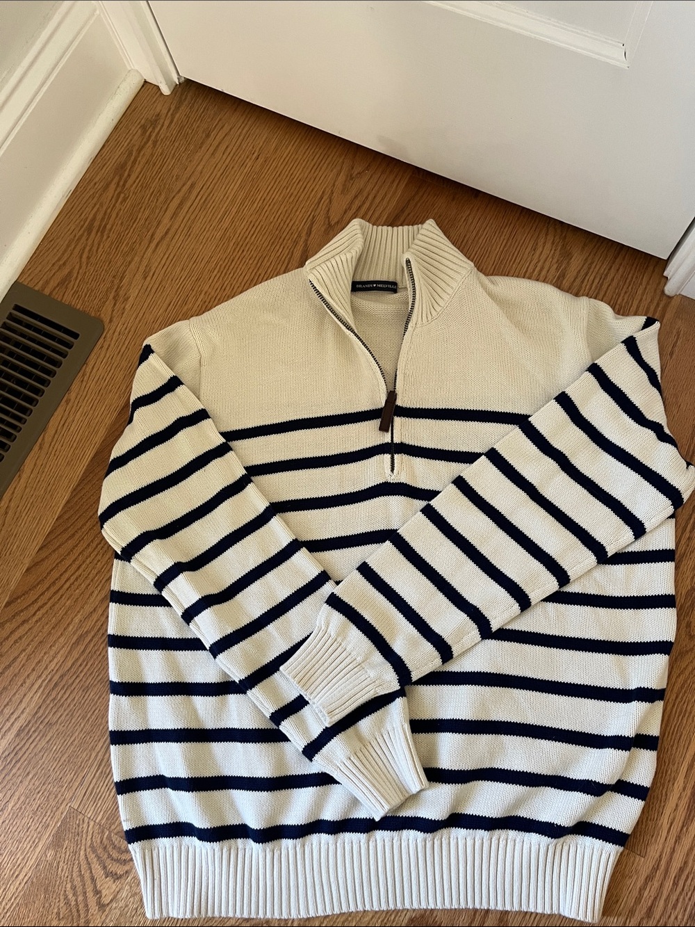 Brandy Melville Cream and Navy Striped Half-Zip Sweater